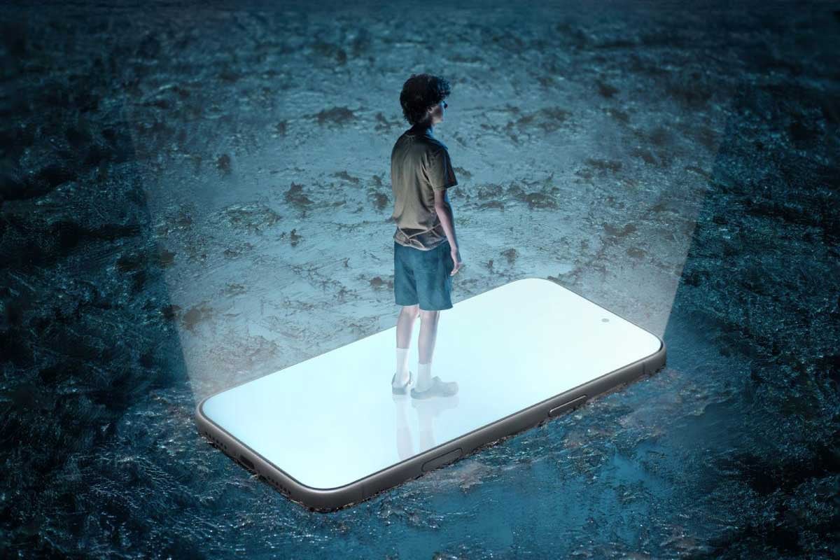 A digital photo illustration featuring a teenage boy standing on a large smartphone that acts as a life raft on a dark and stormy sea.