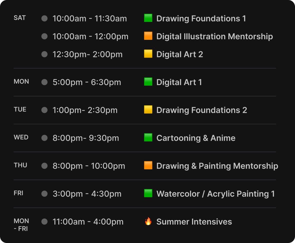 Summer 2026 Weekly Class Schedule