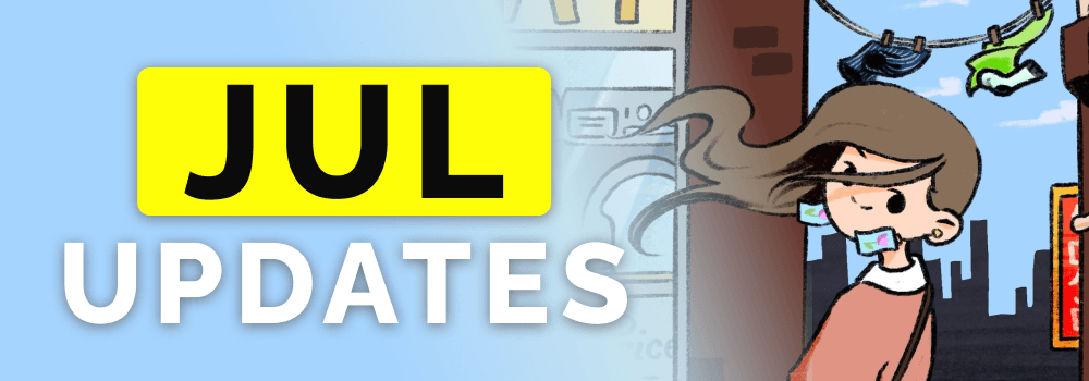 July Updates banner with an illustration of a girl's hair flowing in the wind