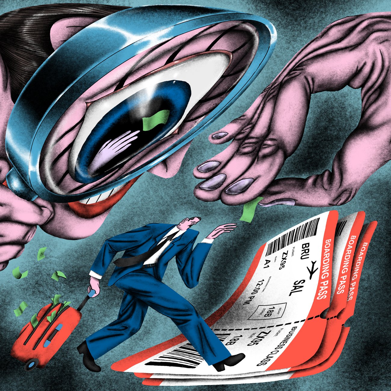 Surreal collage of a magnifying glass, hands, business traveler, luggage, and boarding passes