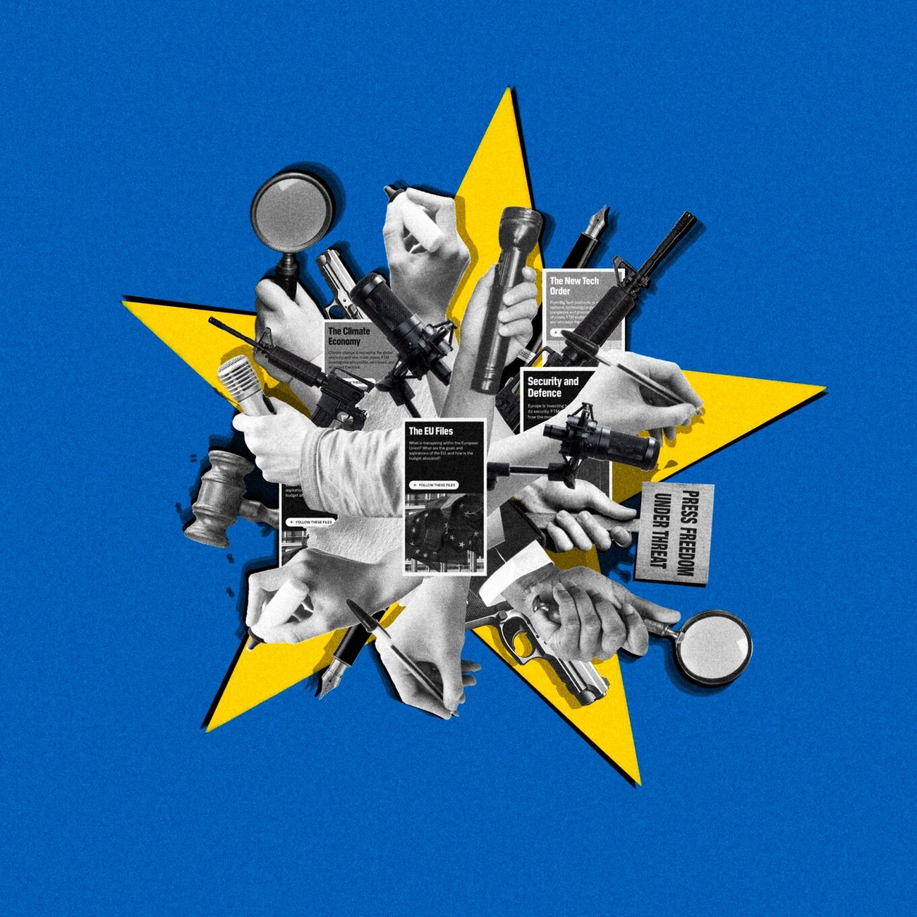 Collage of hands holding microphones, weapons, and newspapers against a blue background
