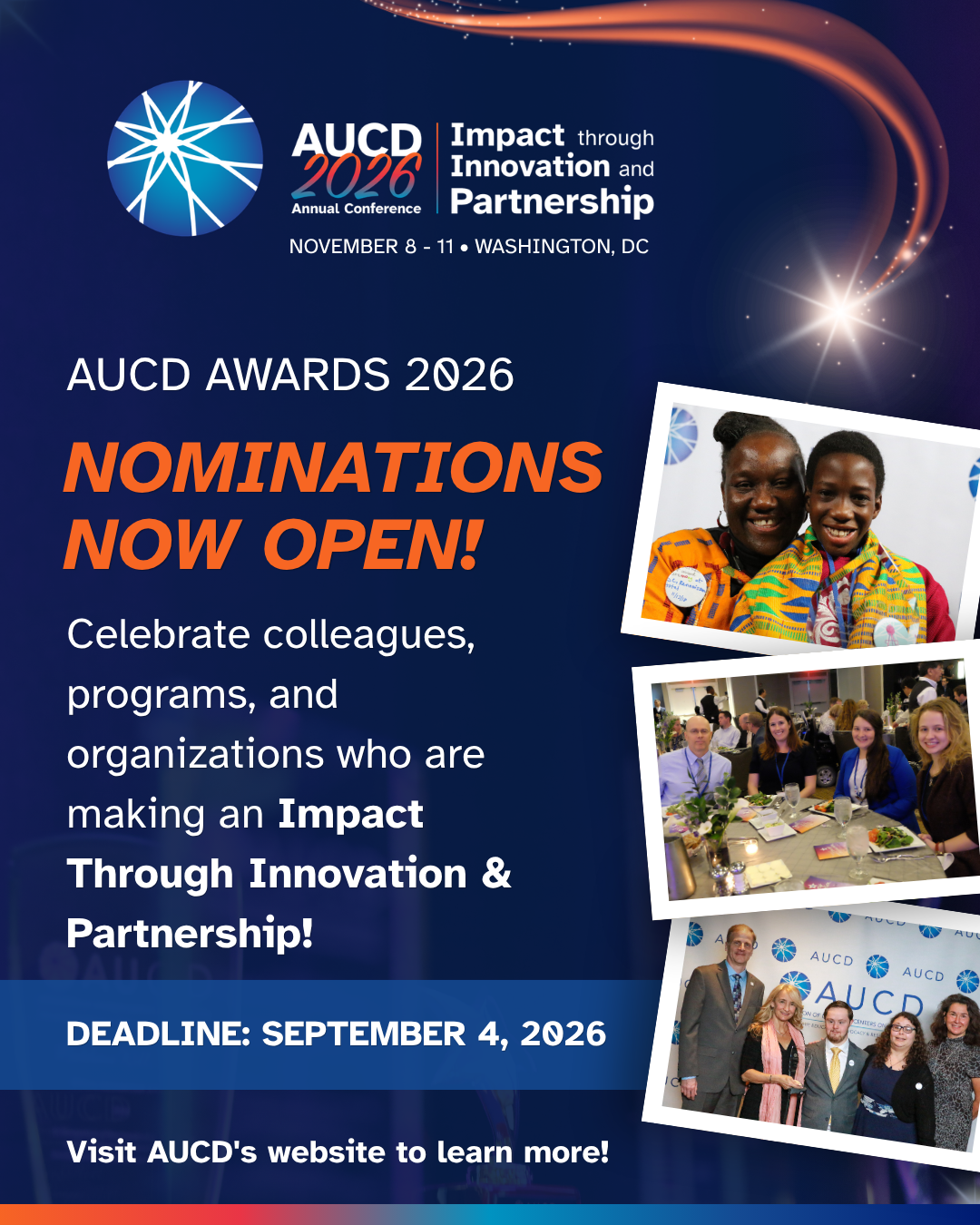 AUCD Awards 2026 Nominations Now Open! The poster features text about celebrating impactful colleagues, programs, and organizations, with a deadline of September 4, 2026. It also includes three inset photos of people at events.
