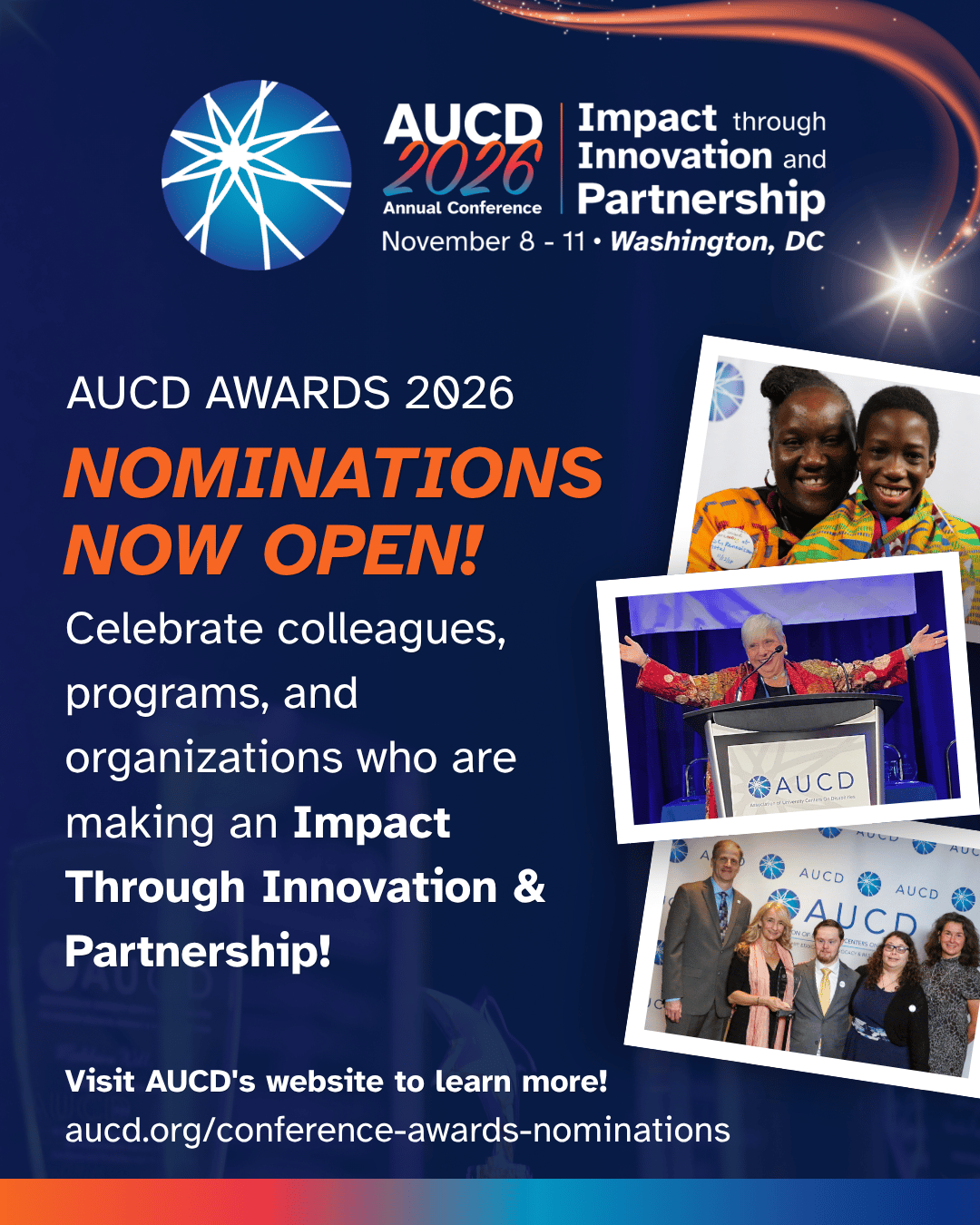 AUCD Awards 2026 nomination flyer with the headline “Nominations Now Open,” conference details for November 8–11 in Washington, DC, a September 4, 2026 deadline, and three small photos of people at events.
