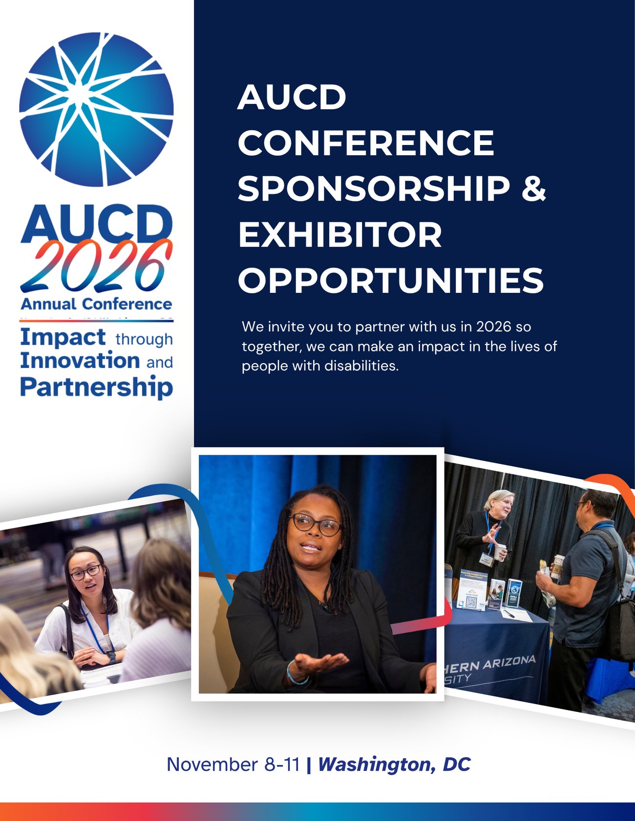 AUCD 2026 Conference sponsorship and exhibitor opportunities flyer with a blue-and-white design, photos of attendees, text about partnering in 2026, and event date November 8–11 in Washington, DC.