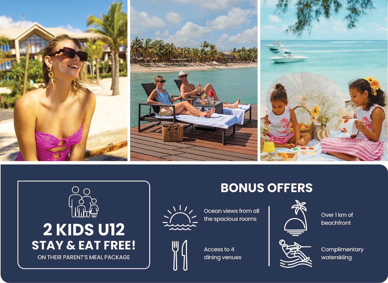 Tropical resort collage featuring beach relaxation, ocean views, and children enjoying a seaside picnic