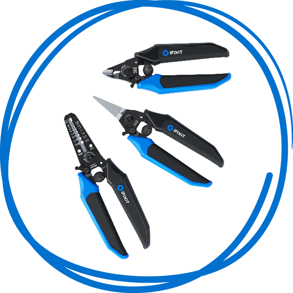 Mandible 3-Piece Plier Set on a white background in a blue scribble
circle.