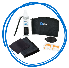 An iFixit electronics cleaning bundle—including a cleaning spray,
black zip pouch, microfiber cloth, small cleaning tool, and individually wrapped wipes—is arranged inside a hand-drawn blue circle on a transparent background.