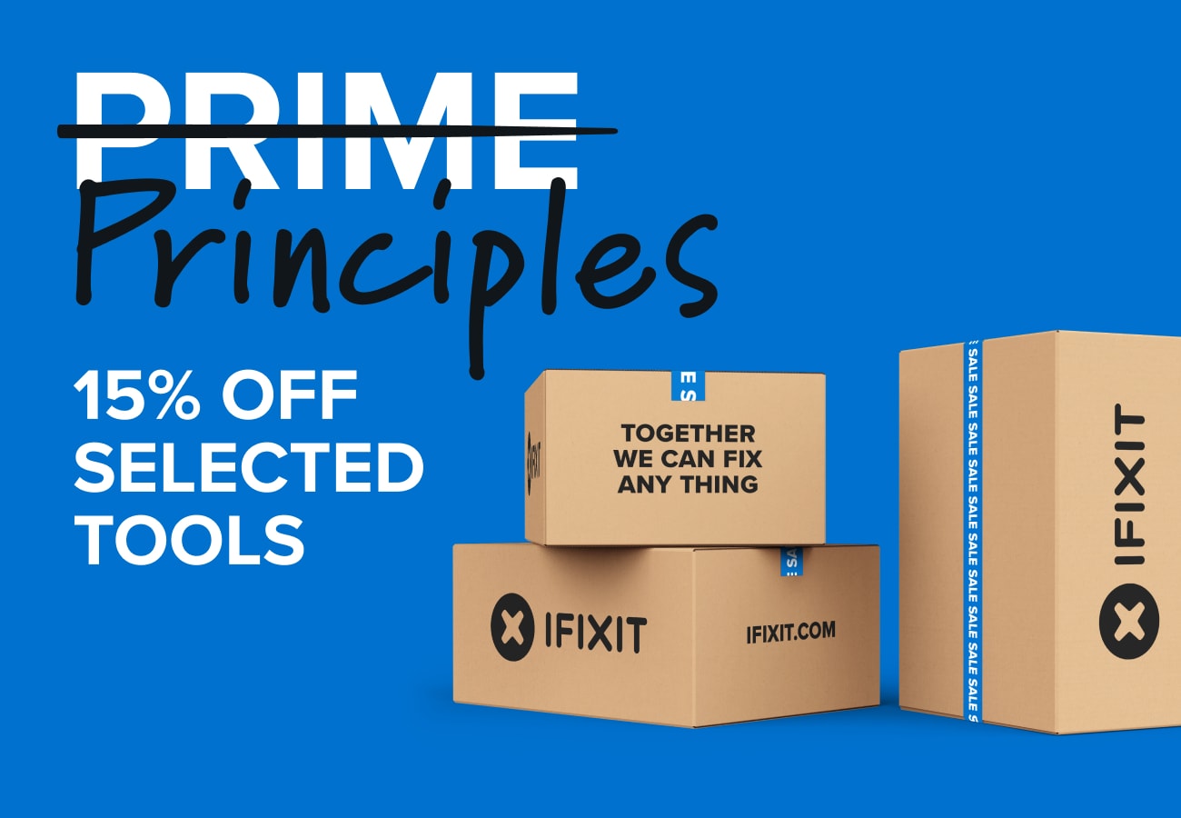 Blue promotional graphic with “Prime Principles” and “15% off selected tools” text on the left, balanced by stacked iFixit shipping boxes on the right.
