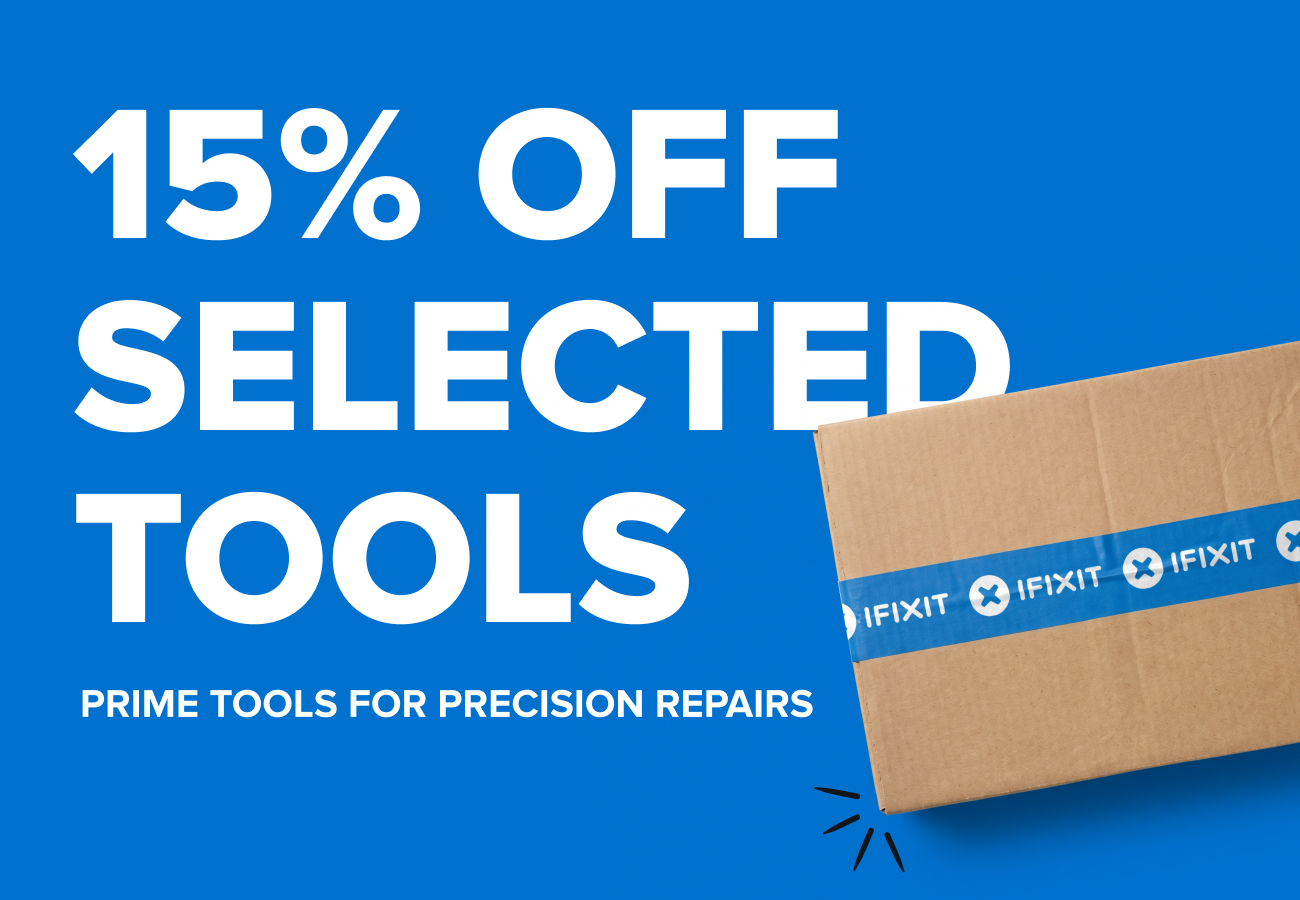 Text: 15% OFF SELECTED TOOLS. Prime Tools for Precision Repairs. Image: Top view of shipping box with iFixit tape.
