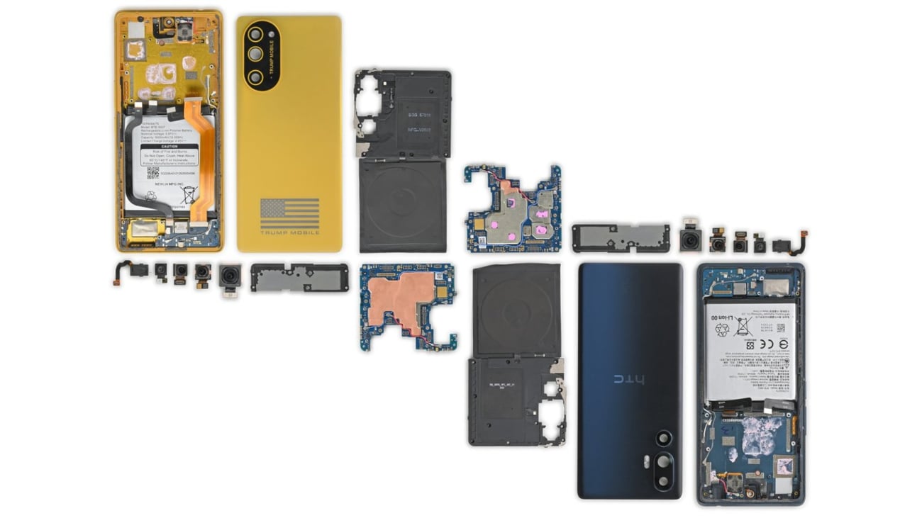 A disassembled HTC UTC Pro next to a disassembled Trump Mobile phone (or should we say, another U24 Pro).