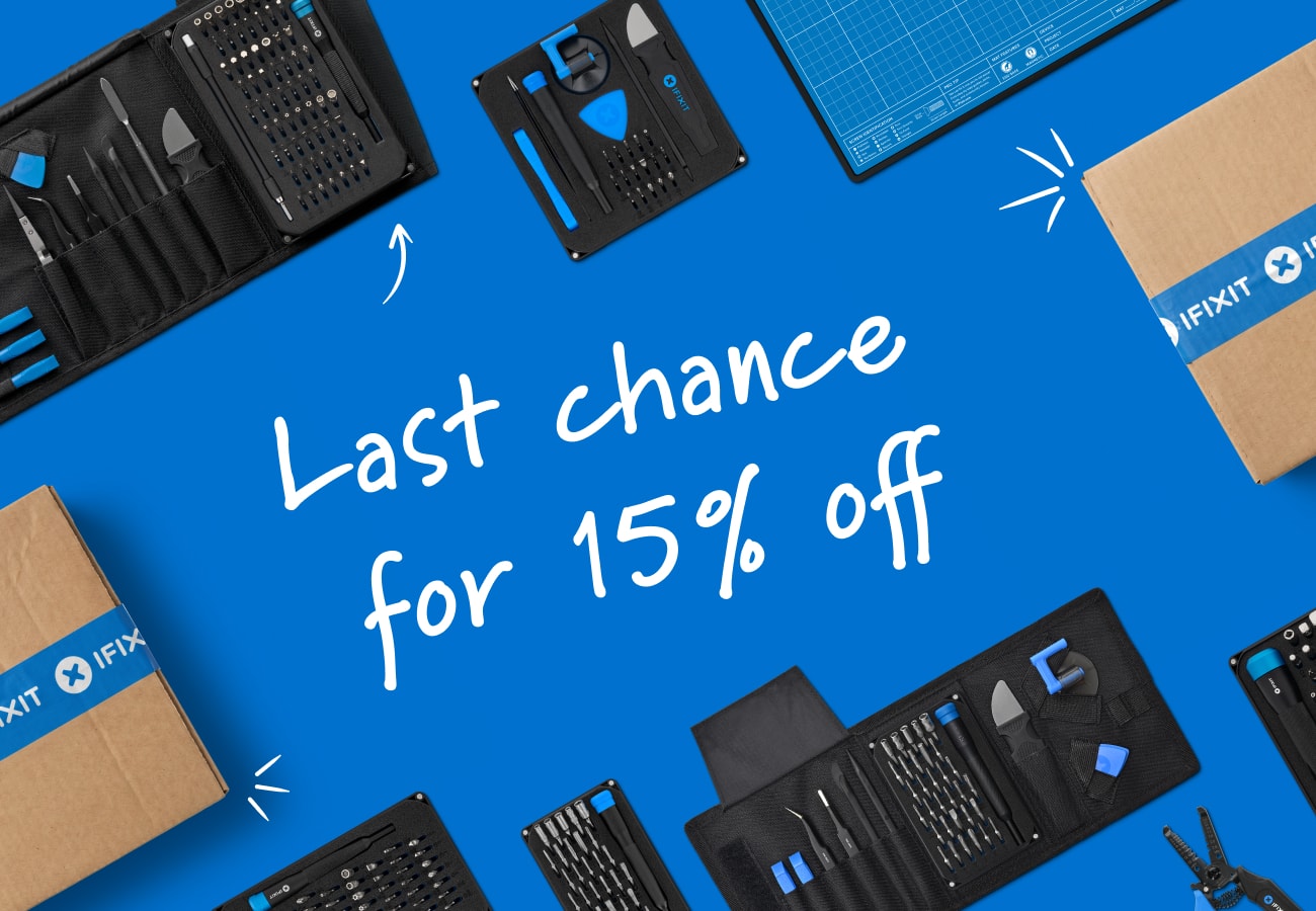 Top-down promotional graphic with iFixit toolkits, shipping boxes, and a work mat arranged around the edges of a bright blue background. Large handwritten text in the center reads “Last chance for 15% off,” supported by small white accent marks and arrows.