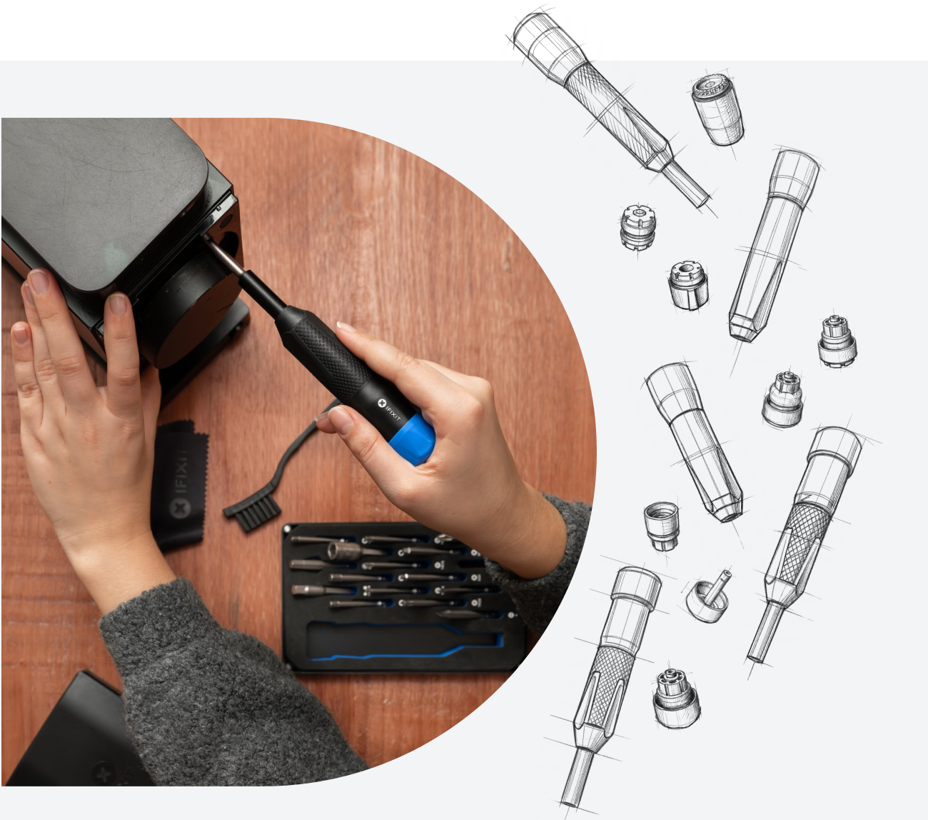 Overhead composition showing hands using an iFixit Megalodon driver to work on a black device on a wooden table, with a bit set, brush, and cloth nearby. The left side features the repair scene inside a large circular crop, while the right side shows technical sketch-style drawings of the screwdriver components.