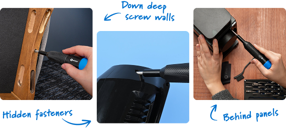 Three-panel collage showing the Megalodon driver reaching hidden fasteners, deep screw wells, and screws behind panels. Blue handwritten annotations point to each repair access challenge.