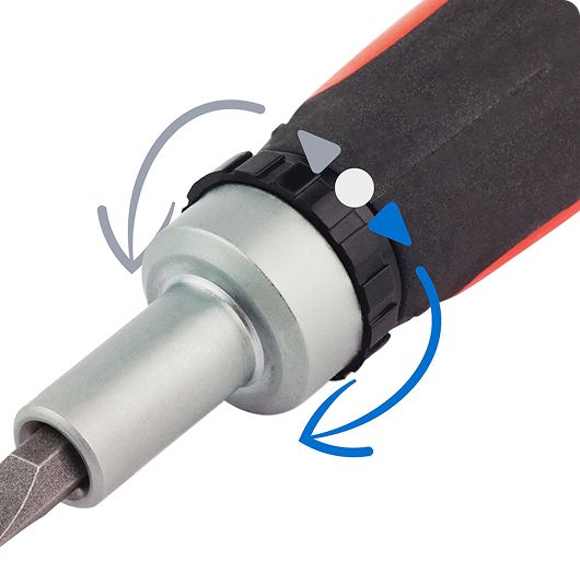 Close-up product graphic of a screwdriver’s ratcheting collar and bit holder, with dark grey and blue curved arrows indicating rotation directions. Small light grey, dark grey, and blue selector icons highlight the adjustable ratchet settings near the handle.
