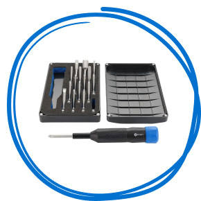 An iFixit Megalodon Driver Kit is shown with the screwdriver, extended bits and open sorting tray arranged inside a hand-drawn blue circular frame.