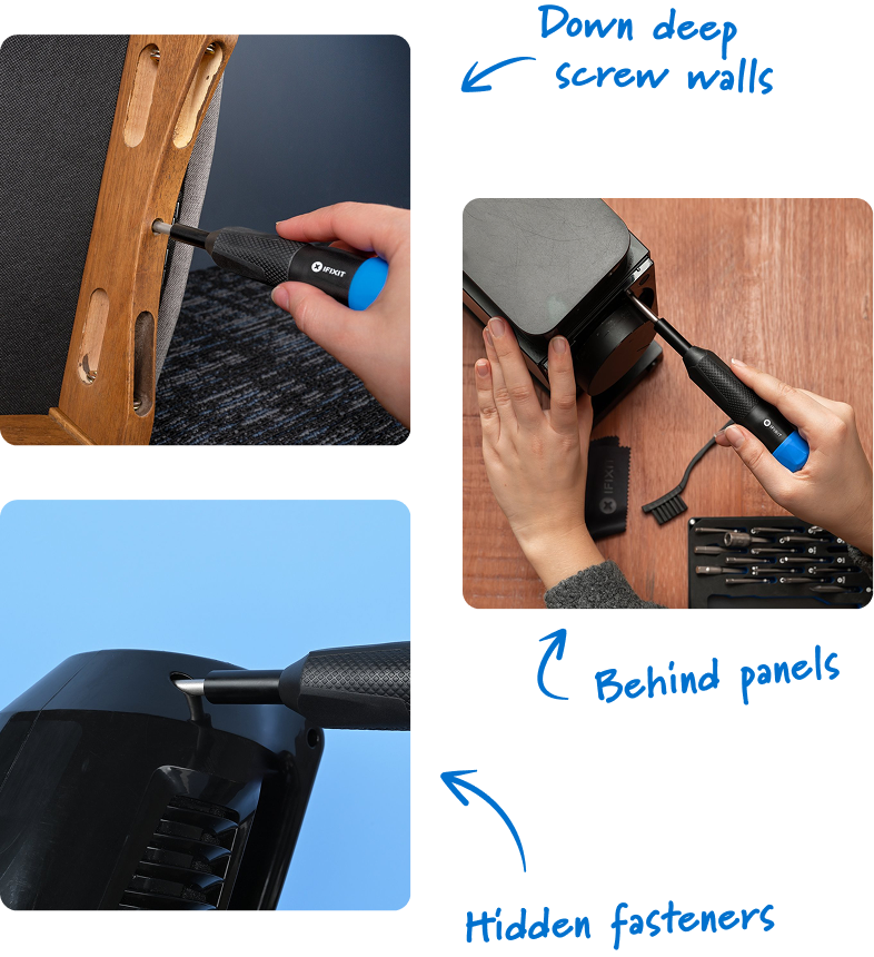 Three-panel collage showing the Megalodon driver reaching hidden fasteners, deep screw wells, and screws behind panels. Blue handwritten annotations point to each repair access challenge.