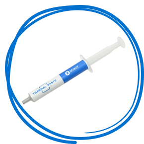 A white syringe of iFixit thermal paste is positioned diagonally at the center of a hand-drawn blue circular outline on a transparent background.
