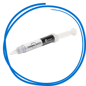 A white syringe of iFixit thermal putty is positioned
diagonally within a hand-drawn blue circular outline on a transparent background