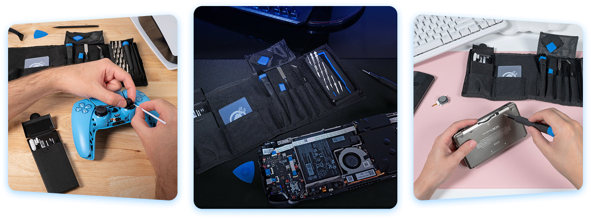 Three-panel collage showing repairs of a blue PlayStation controller, a Steam Deck, and a Nintendo DS. Each scene features an open iFixit Game Console Toolkit with precision drivers, bits, opening tools, and cleaning tools arranged around the device.