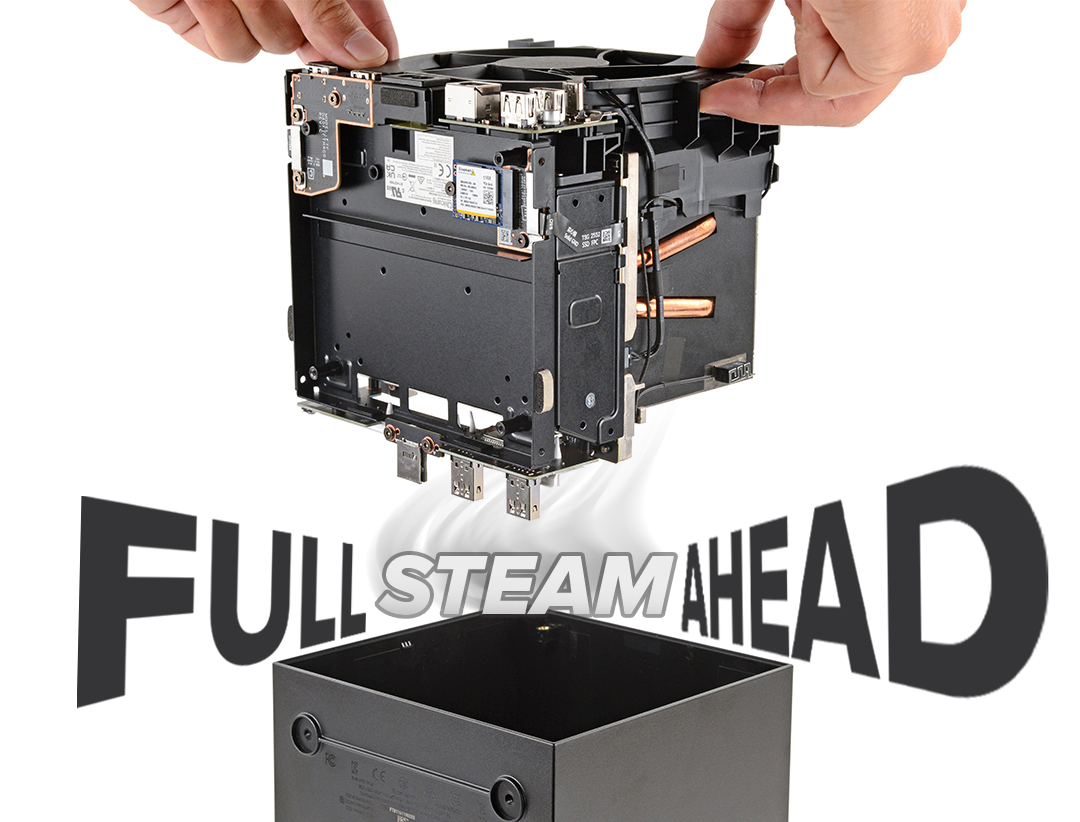 Disassembly image of the Steam Machine with the text "Full Steam Ahead"