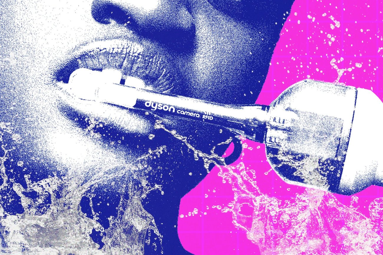 Editorialized graphic of a person cleaning their teeth with the new Dyson CameraJet toothbrush