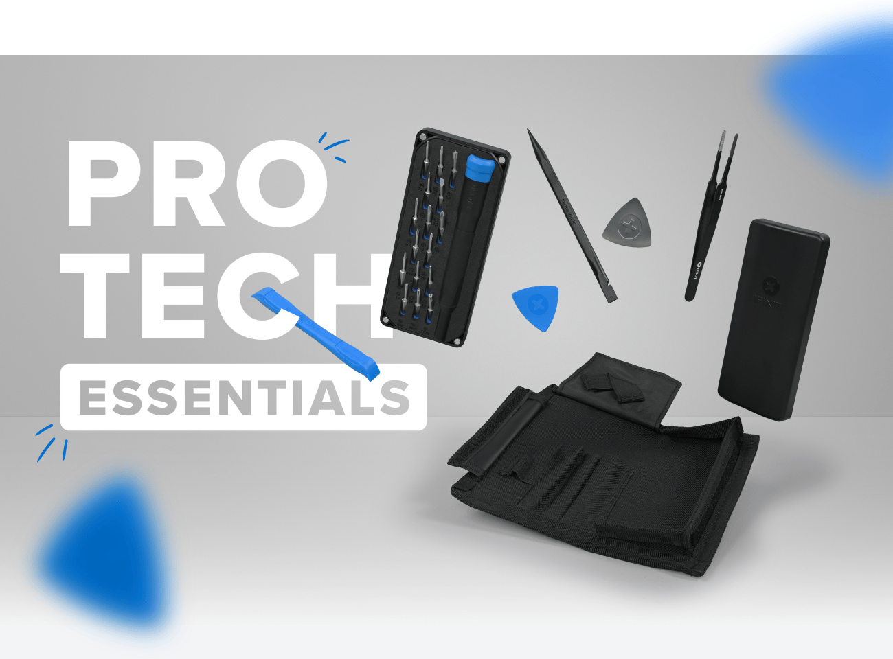 The words “PRO TECH ESSENTIALS” fill the left side of a gray promotional graphic, while the precision-bit set, opening tools, and black tool roll appear suspended across the center and right. Bright blue tools, accent marks, and blurred corner shapes add contrast.