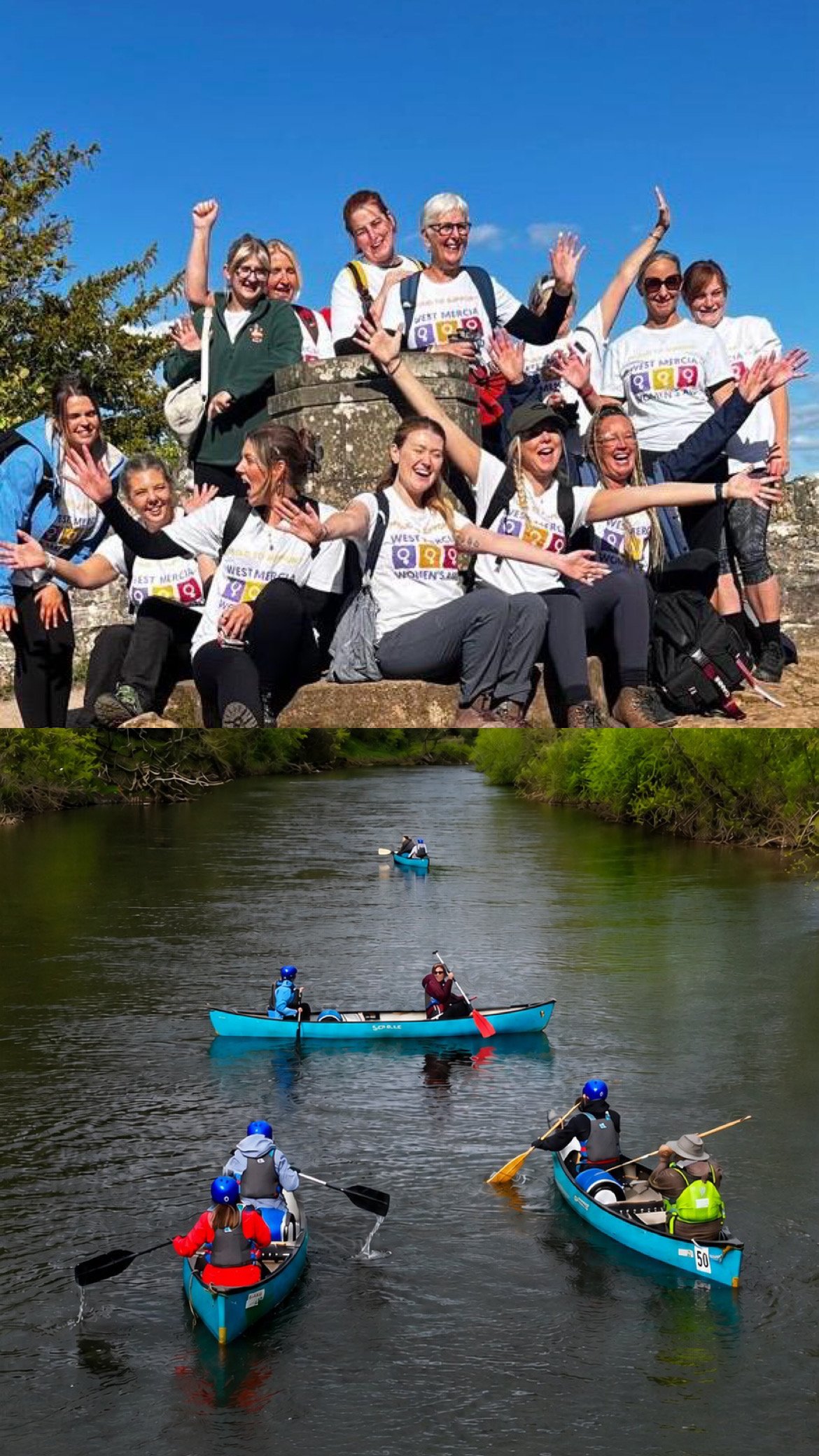 A two-image collage showcasing a West Mercia Women’s Aid fundraising canoe challenge. The top image shows a group of participants wearing West Mercia Women’s Aid t-shirts, smiling, waving and celebrating together outdoors under a clear blue sky. The bottom image is an aerial view of participants paddling blue canoes along a calm river surrounded by green trees and countryside. The collage highlights teamwork, fundraising and outdoor adventure in support of the charity.