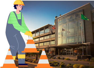 맑은 날 Tacoma Public Utilities의 행정동 외관 앞에서 건설 노동자가 주황색 및 흰색 원뿔형 교통 표지판을 설치하는 그림입니다. 대형 유리 출입구와 조경 시설, 정문으로 이어지는 보행로가 특징입니다.