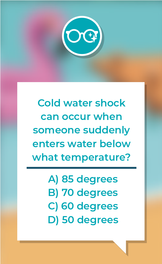 Graphic that reads “Cold water shock can occur when someone suddenly enters water below what temperature?” Options include A) 85 degrees, B) 70 degrees, C) 60 degrees, D) 50 degrees. 