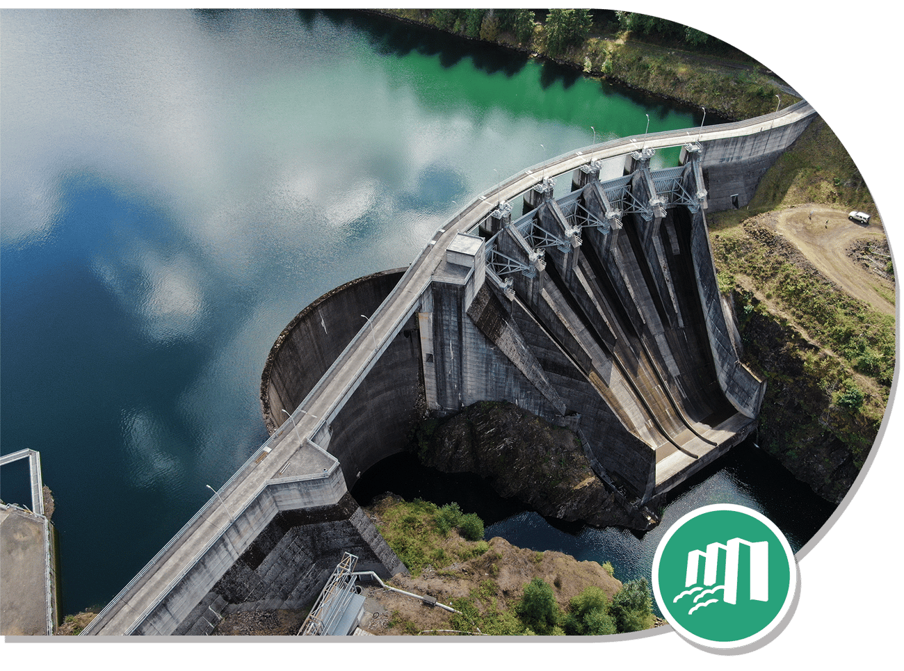  Aerial view of Mayfield Dam on the Cowlitz River highlighting Tacoma Power’s hydroelectric facility and surrounding forest.
