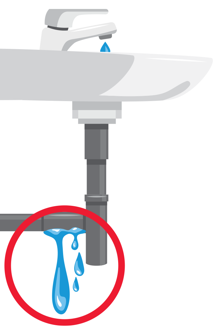 Illustration of a sink with a dripping faucet and a leaking pipe, highlighted in red.