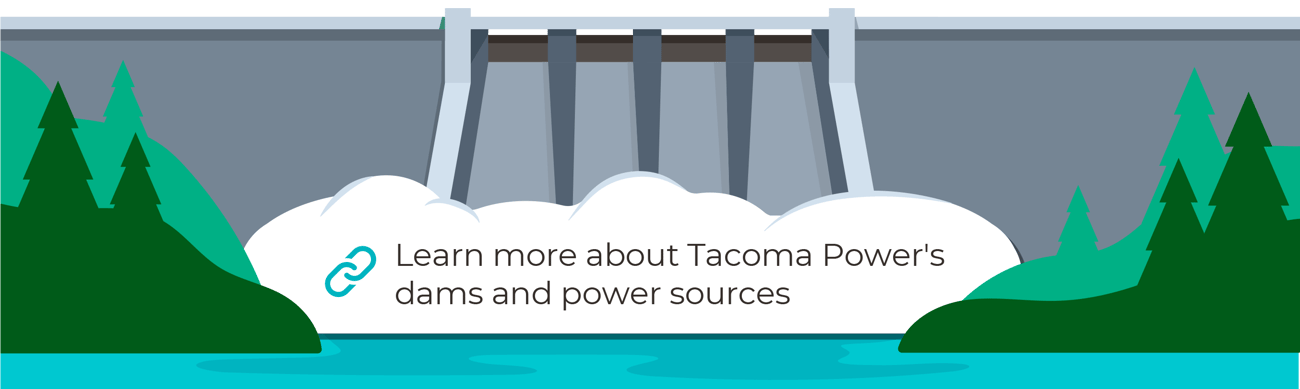 Illustration of a dam surrounded by green trees, with a blue body of water in front and a text label indicating information about Tacoma Power's dams and power sources.