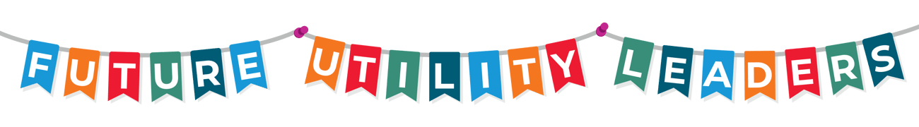 Colorful banner reading "FUTURE UTILITY LEADERS" on triangular pennants in various colors.
