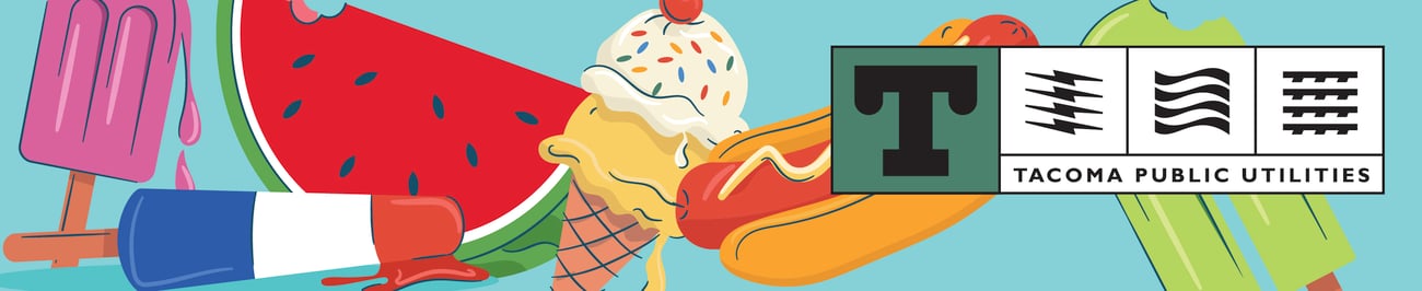 A colorful arrangement of frozen treats including a watermelon slice, ice cream cone, popsicles, and a hot dog, with the "TACOMA PUBLIC UTILITIES" logo displayed prominently.