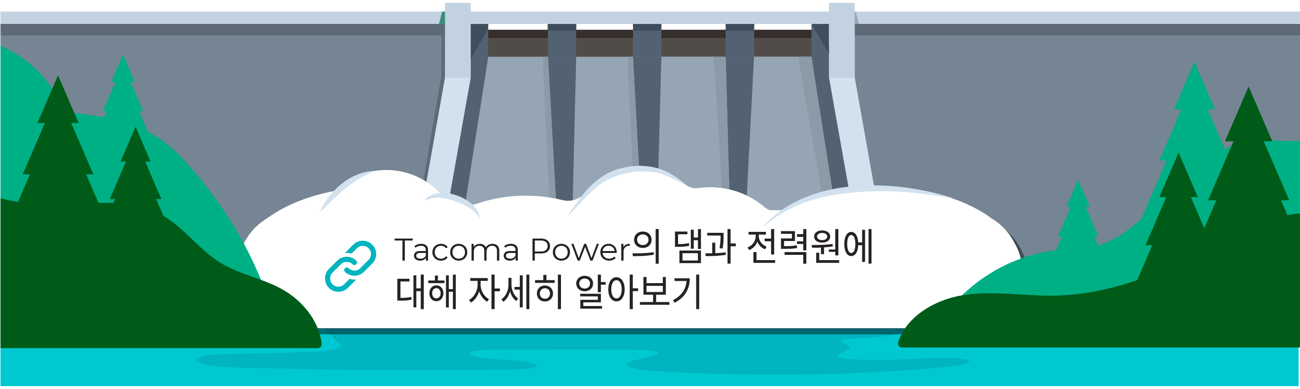 초록색 나무로 둘러싸인 댐 그림으로, 앞쪽에는 파란색 물이 그려져 있고 Tacoma Power의 댐과 전력원 대한 정보를 표시한 문구 라벨이 표시되어 있습니다.