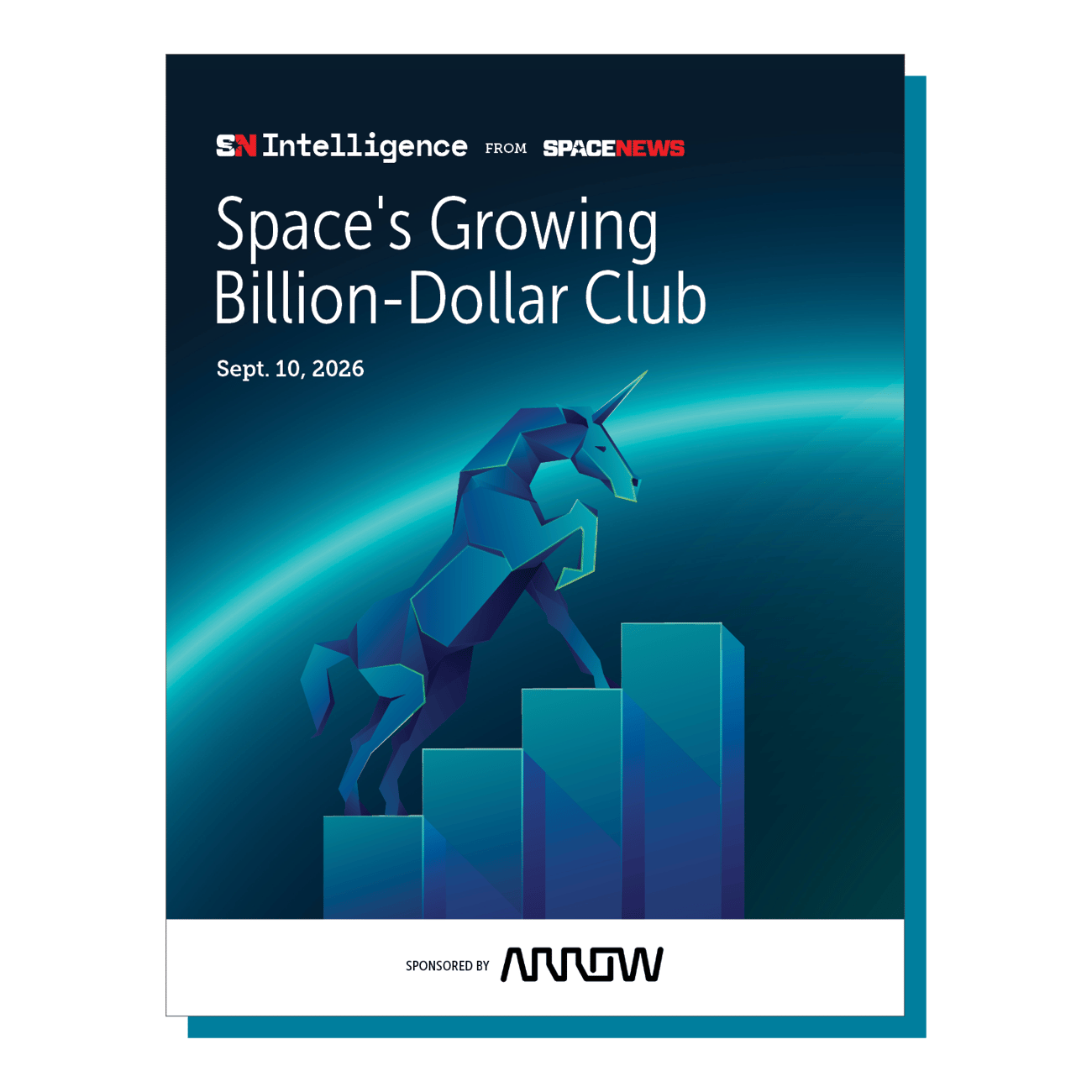 A stylized unicorn rises beside ascending bars beneath a headline about space wealth {'id': 27377, 'name': 'technology'}