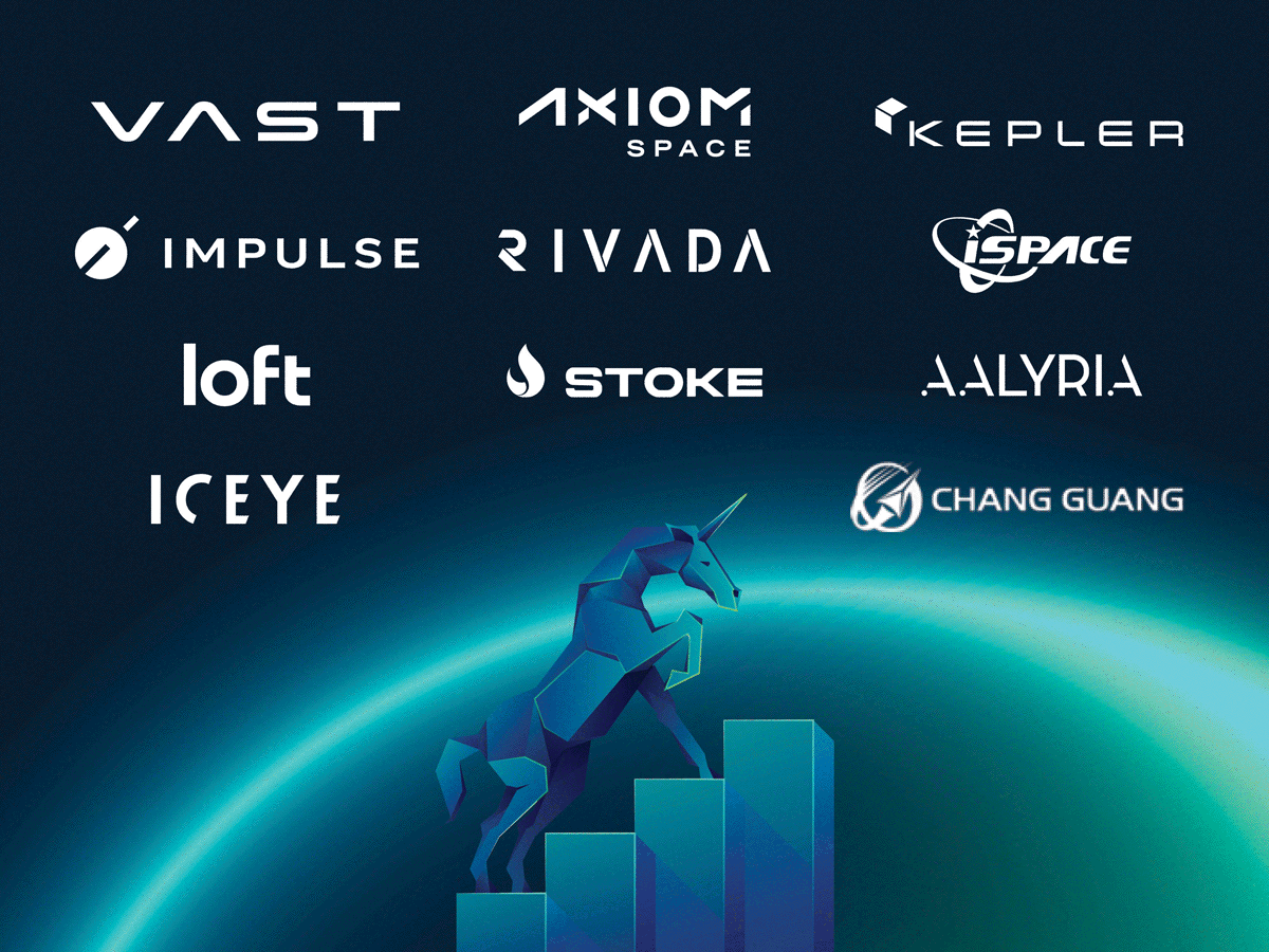 A geometric unicorn rising beside ascending bars beneath space company logos