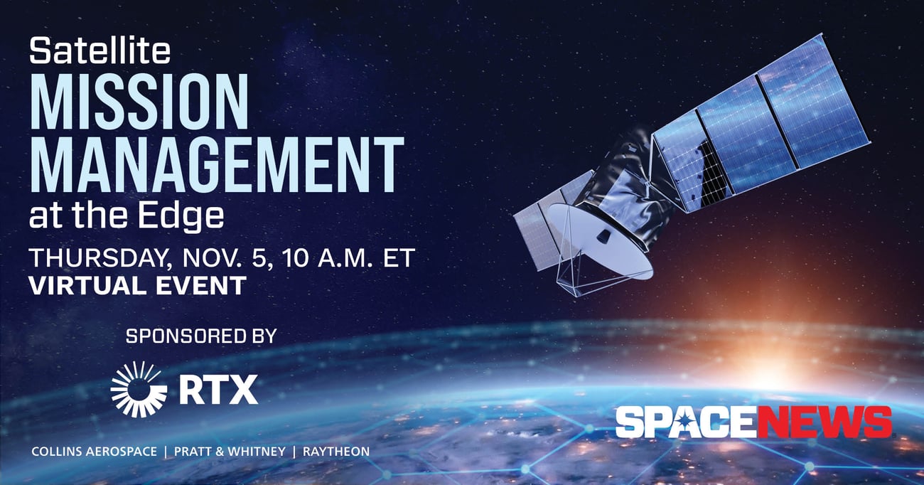Satellite spacecraft above Earth with text announcing a virtual mission management event