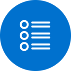 Blue circular icon featuring a simple white list symbol with three bullet points and three horizontal lines, centered on a solid background.