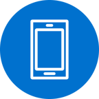 Blue circular icon displaying a white outlined smartphone with a centered screen and small top and bottom details, set against a solid background.