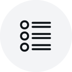 Light grey circular icon featuring a simple black list symbol with three bullet points and three horizontal lines, centered on a solid background.