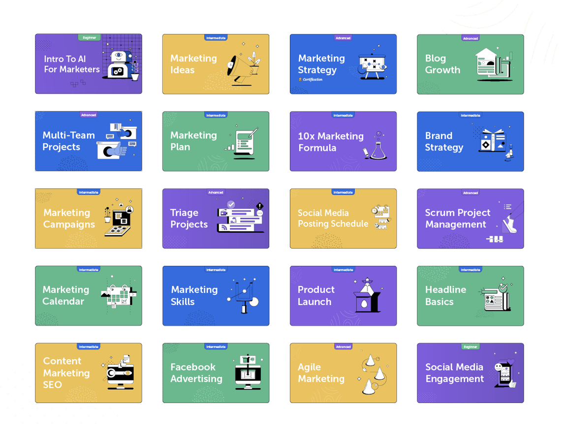 Intro to AI For Marketers, Marketing Ideas, Marketing Strategy, Blog Growth, Multi-Team Projects, Marketing Plan, 10x Marketing Formula, Brand Strategy, Marketing Campaigns, Triage Projects, Social Media Posting Schedule, Scrum Project Management, Marketing Calendar, Marketing Skills, Product Launch, Headline Basics, Content Marketing SEO, Facebook Advertising, Agile Marketing, Social Media Engagement, AND MORE!