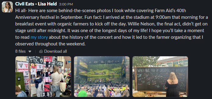 screen shot of a slack community post from lisa held about attending Farm Aid's 40th anniversary screen shot of a slack community post from lisa held about attending Farm Aid's 40th anniversary