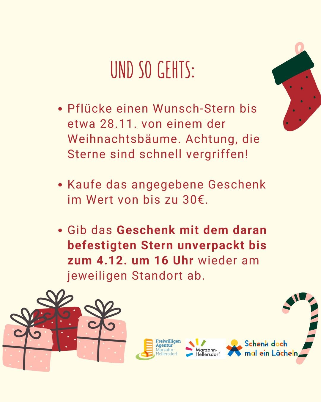 Flyer der Wunschbaumaktion. Auf dem Flyer steht: " Und so gehts: Pflücke einen Wunsch-Stern bis etwa 28.11. von einem der Weihnachtsbäume. Achtung, die Sterne sind schnell vergriffen!, Kaufe das angegeben Geschenk im Wert von bis zu 30€. Gib das Geschenk mit dem daran befestigten Stern unverpackt bis zum 4.12. um 16 Uhr wieder am jeweiligen Standort ab." 
