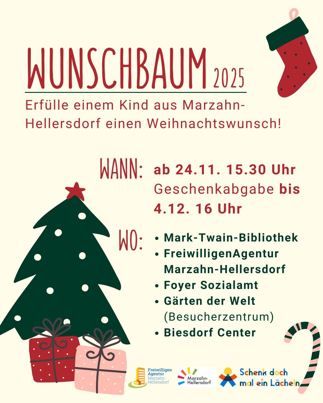 Flyer der Wunschbaumaktion. Auf dem Flyer steht: "Wunschbaum 2025 Erfülle einem Kind aus Marzahn-Hellersdorf einen Weihnachtswunsch! Wann: ab 24.11. 15:30 Uhr Geschenkabgabe bis 4.12. 16 Uhr Wo: Mark-Twain-Bibliothek, FreiwilligenAgentur Marzahn-Hellersdorf, Foyer Sozialamt, Gärten der Welt (Besucherzentrum), Biesdorf Center"