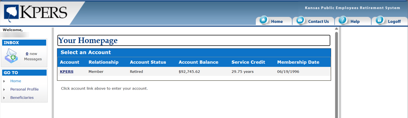 Screen shot of KPERS employer web portal home page
