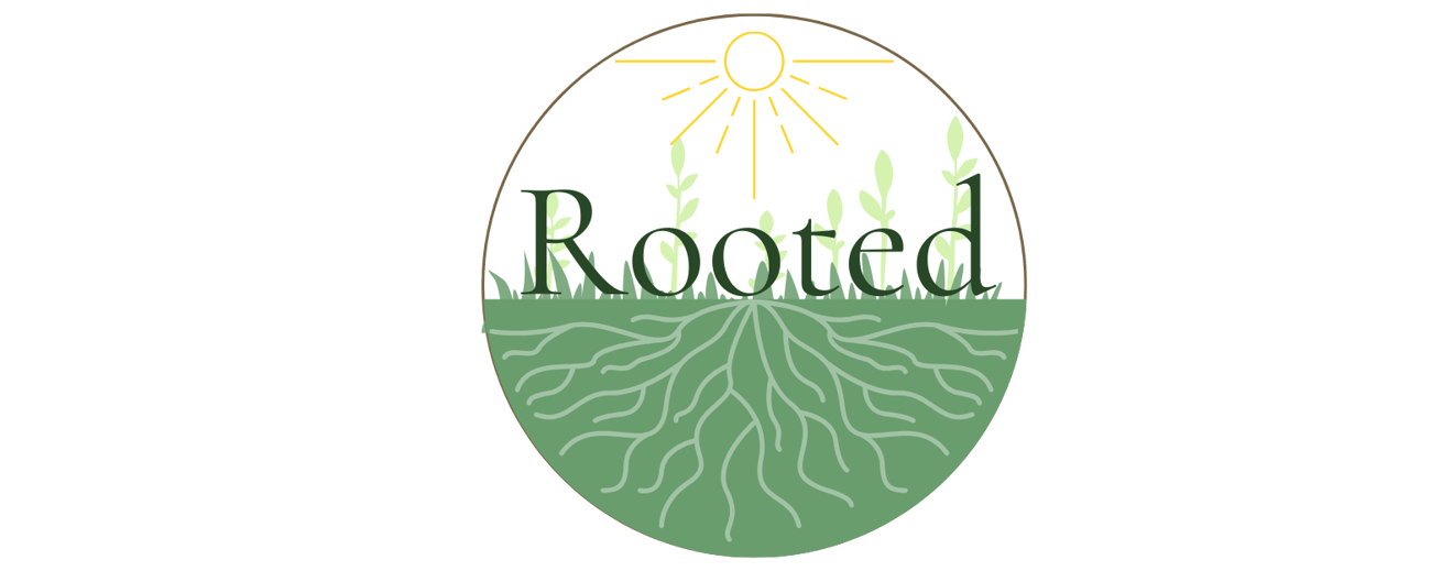 Rooted logo featuring a tree with visible roots and radiating lines inside a circular design.
