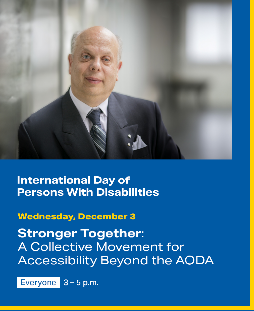 Portrait of a man with white hair wearing a navy blue suit, white shirt and a navy blue and white stripe tie. Text includes information for Stronger Together event.