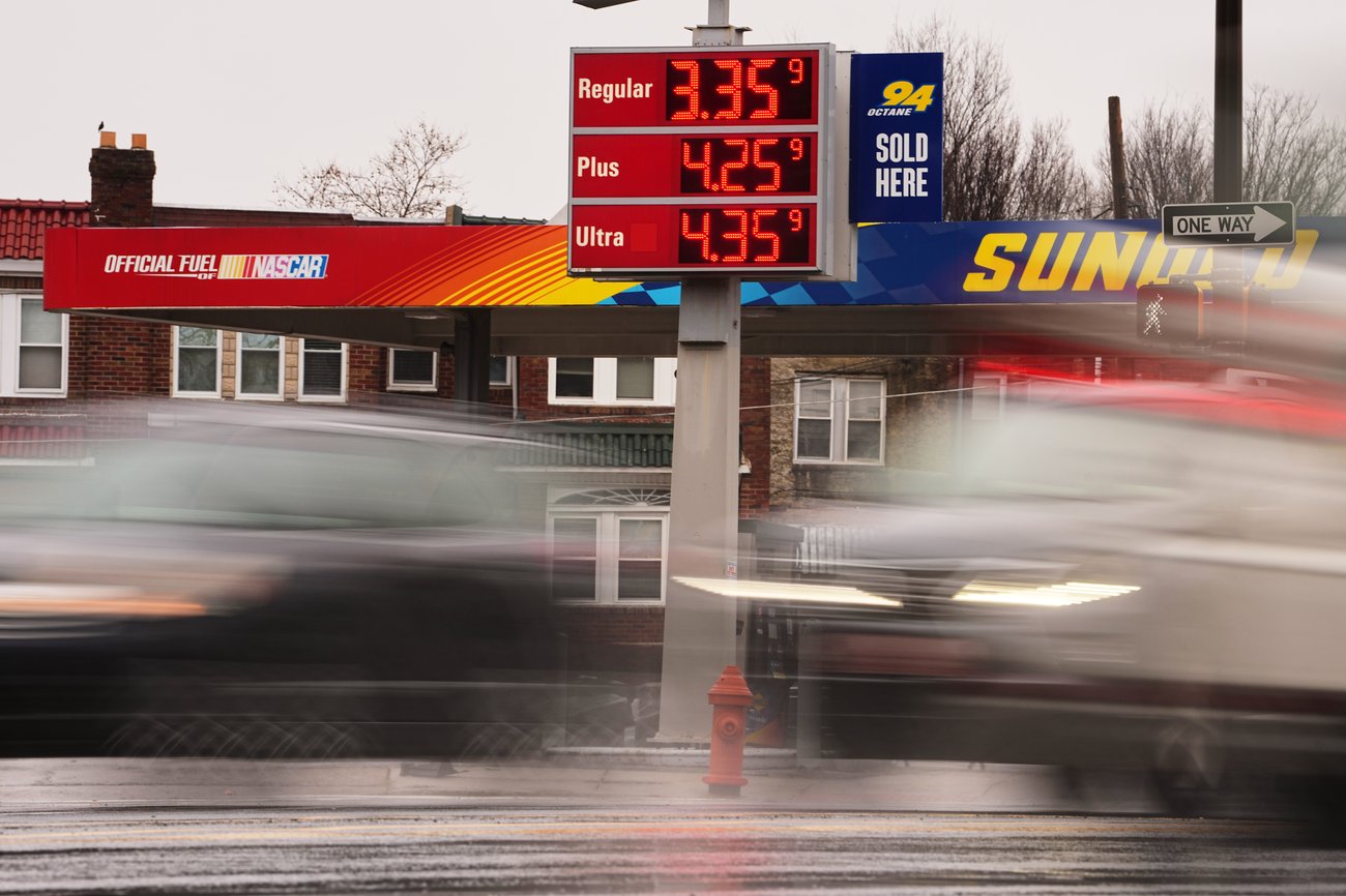 Gas prices are seen at a filling station, in Philadelphia, Tuesday, March 3, 2026