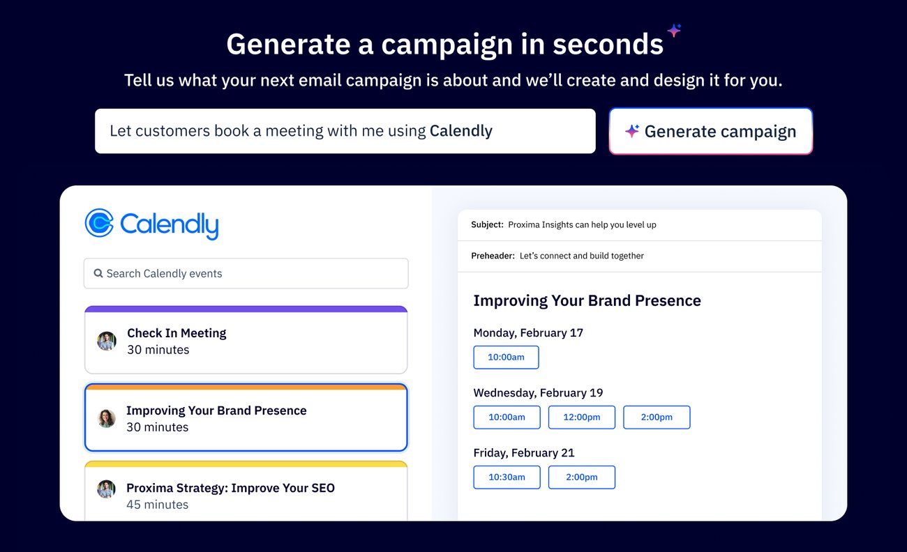 An email campaign with an embedded Calendly block showing available meeting times, allowing recipients to schedule appointments directly from the email.